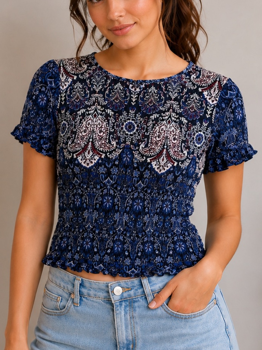 Garage Smocked Paisley Crop Top Blue Boho Stretch Size M